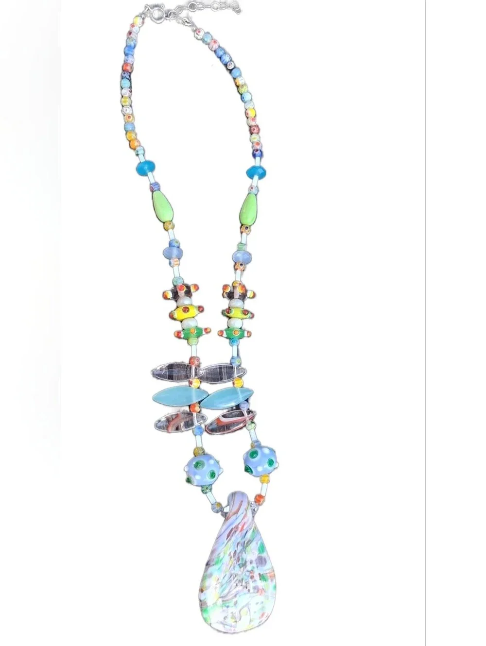 Vintage Art Glass Teardrop Pendant Necklace Sterling Silver 925 Clasp